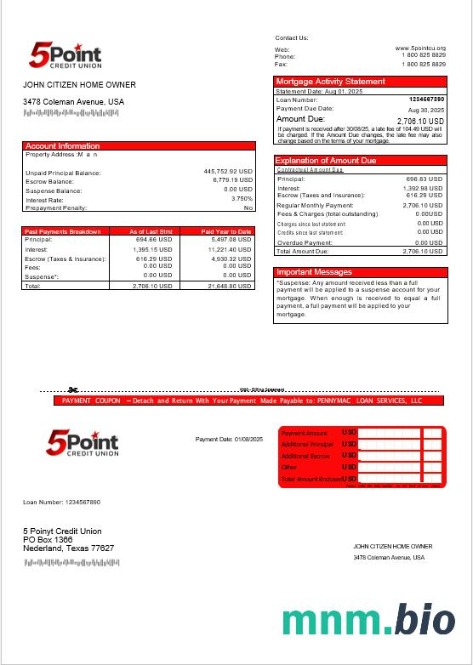 USA Teksas 5Point Credit Union wyciąg z kredytu hipotecznego w formatach Word i PDF